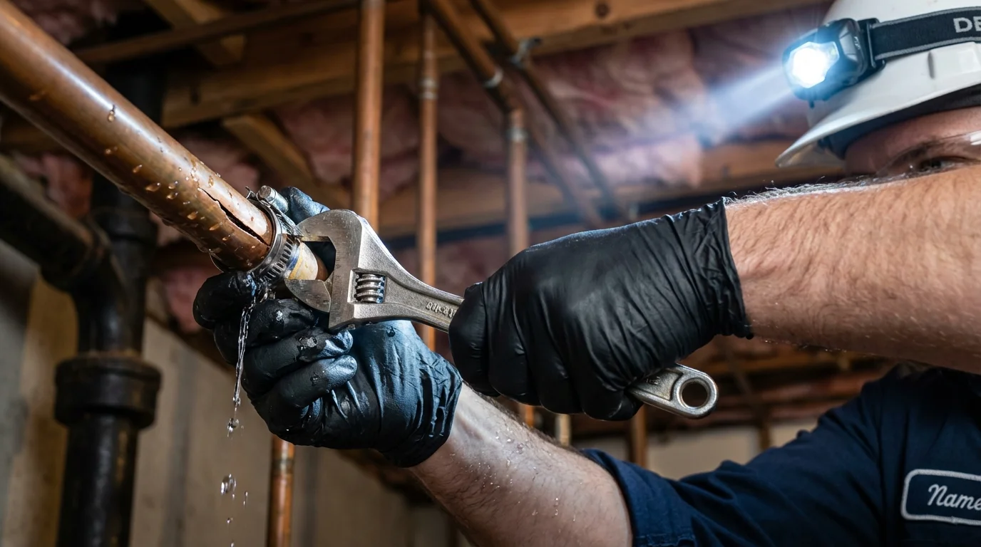 Emergency pipe clamp repair being performed by a Johns Plumbing LLC plumber in McComb