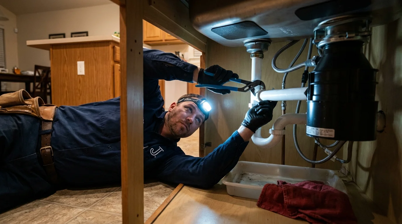 P-trap and supply line connections under a kitchen sink showing a common leak point in McComb, MS